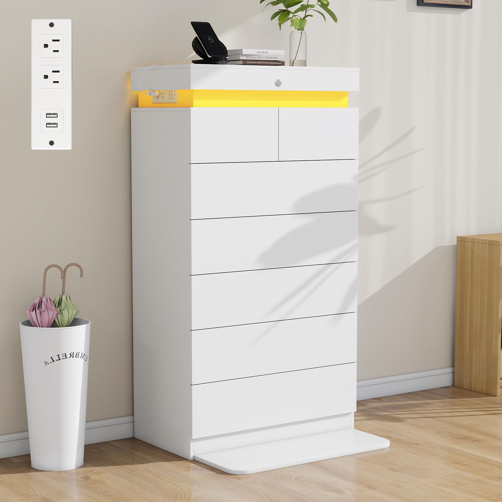 Vipbear 51.3 inch Tall White Dresser with LED Lights and Charging Station