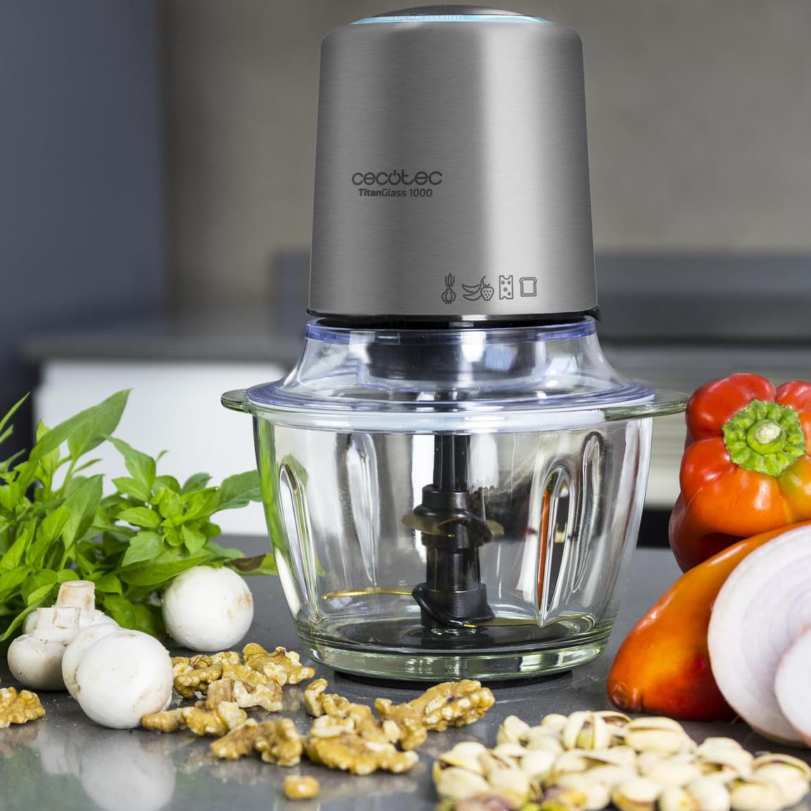 Cecotec Hachoir Électrique TitanGlass 1000 Max. 500W, 4 Lames en Titane, Hache, Émince et Coupe, ControlSpeed, Bol en Verre 1L, 2 Vitesses, Bouton Pulse, Réglable, Compatible Lave-vaisselle