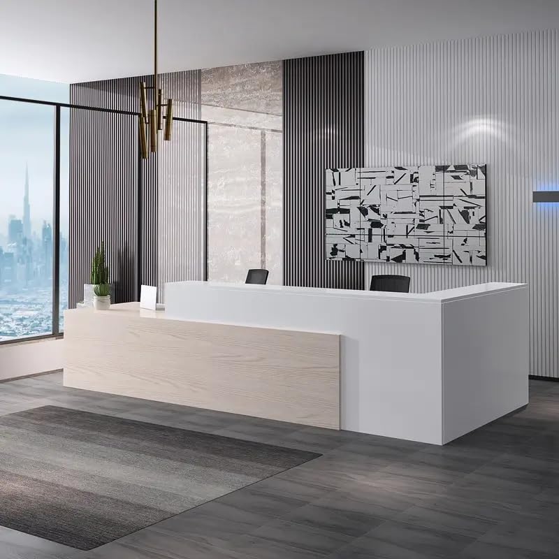 Image of Modern Reception Desk for Office, School, Shop, Mall, Salon & Hotel, Contemporary Wooden Front Desk Counter with White Finish for Commercial Reception Areas - (RCT-83 LPB L8W2)