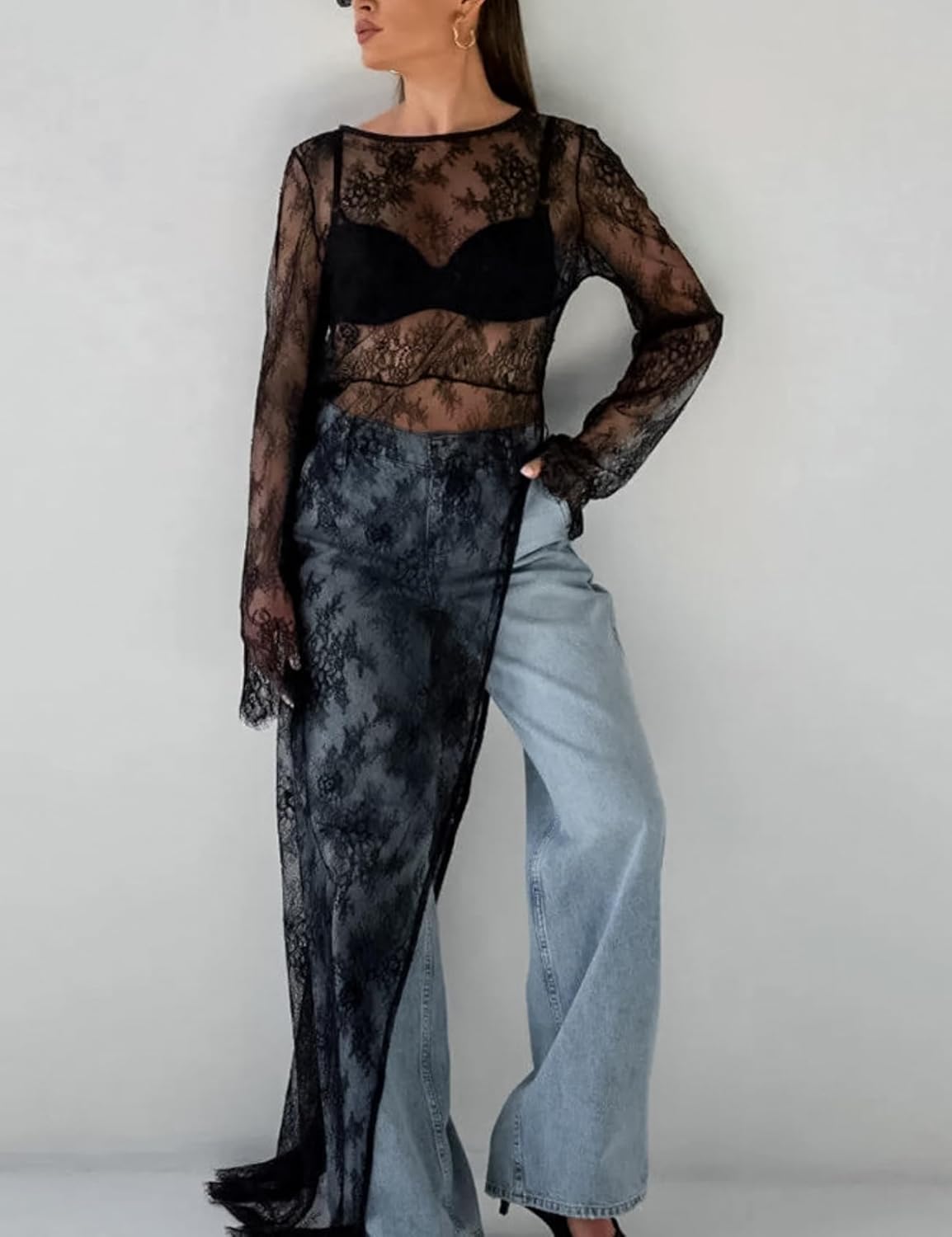 Perbai Women's Mesh Long Sleeve Top Sheer Lace Shirt Crew Neck See Through Split Asymmetrical Hem Y2K Shirt Dress - Image 4