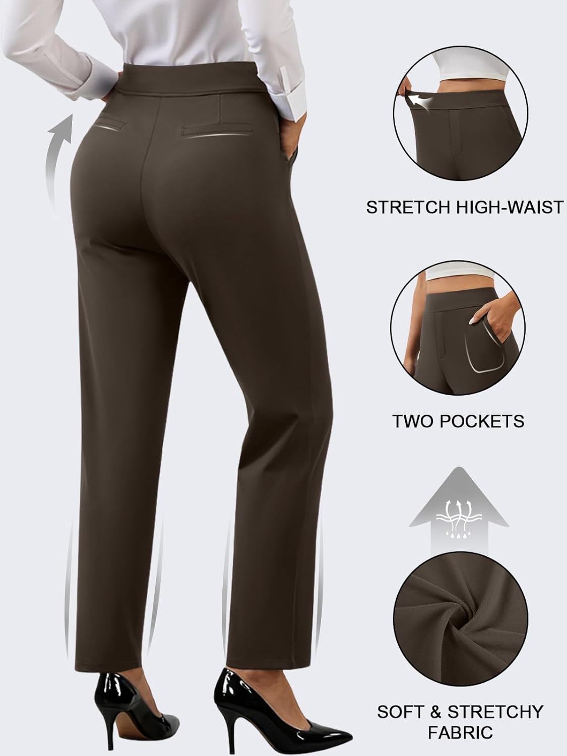 Ankle Dress Pants Women High Waisted Work Travel Pants with Pockets Stretchy Business Casual Slacks(Brown XL) - Image 5