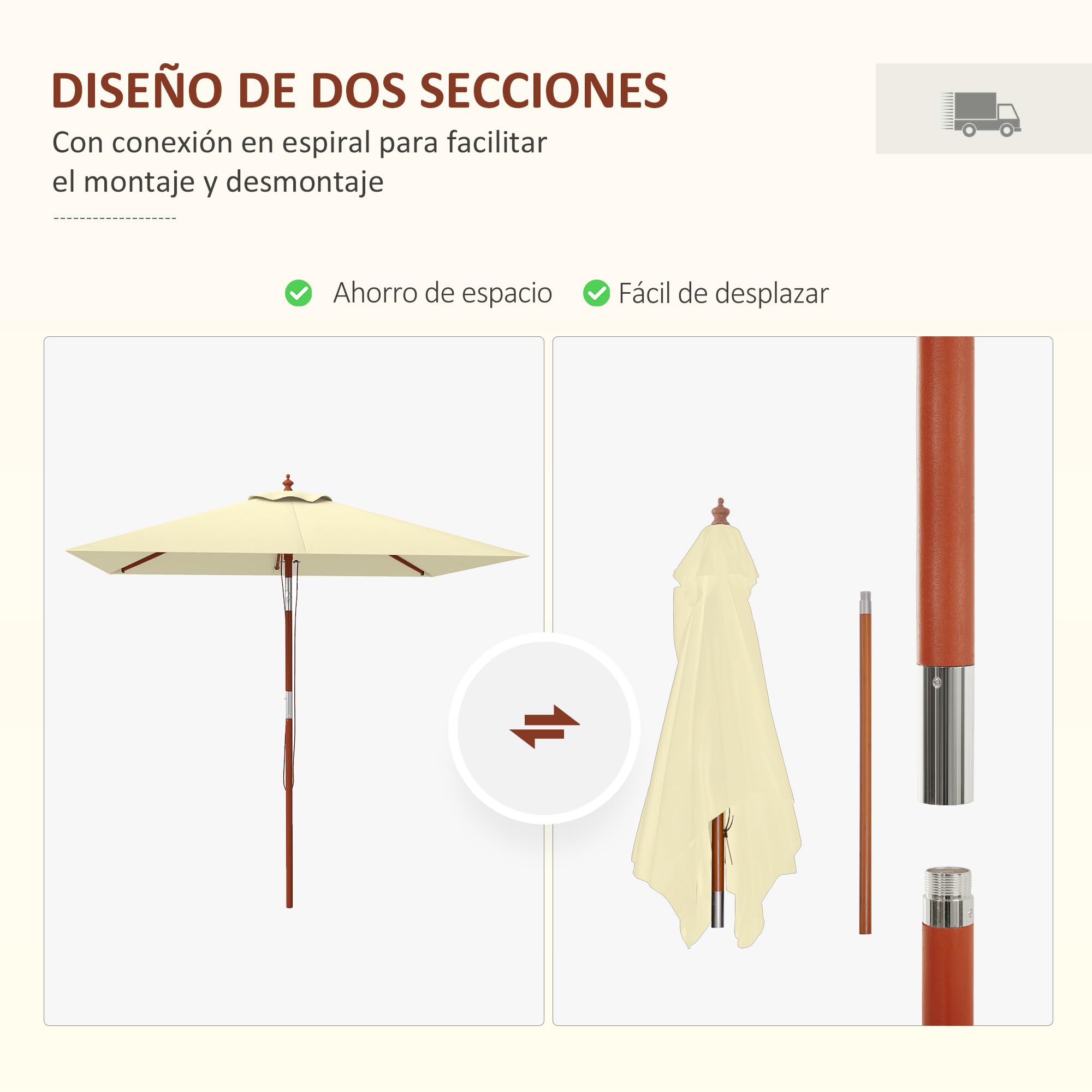 Outsunny Sombrilla Terraza Exterior 200x150 cm Sombrilla de Jardín Rectangular con Ángulo Ajustable Mástil de Madera y Manivela Parasol para Patio Terraza