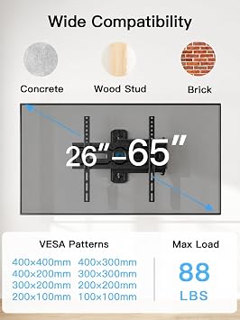 Pipishell Full Motion TV Wall Mount for Most 26-65 inch Flat & Curved TVs up to 88 lbs, Adjustable Bracket Height, Corner TV Mount with Single Articulating Arm, Max VESA 400x400mm, PIMF9