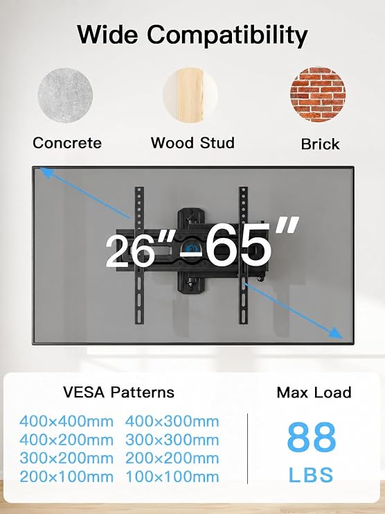 Pipishell Full Motion TV Wall Mount for Most 26-65 inch Flat & Curved TVs up to 88 lbs, Adjustable Bracket Height, Corner TV Mount with Single Articulating Arm, Max VESA 400x400mm, PIMF9