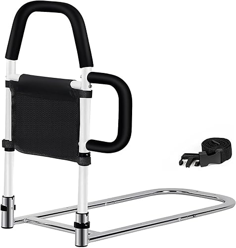 Riel de cama para adultos mayores asa ajustable de asistencia de cama con agarre de espuma antideslizante, bolsillo de almacenamiento y correa de
