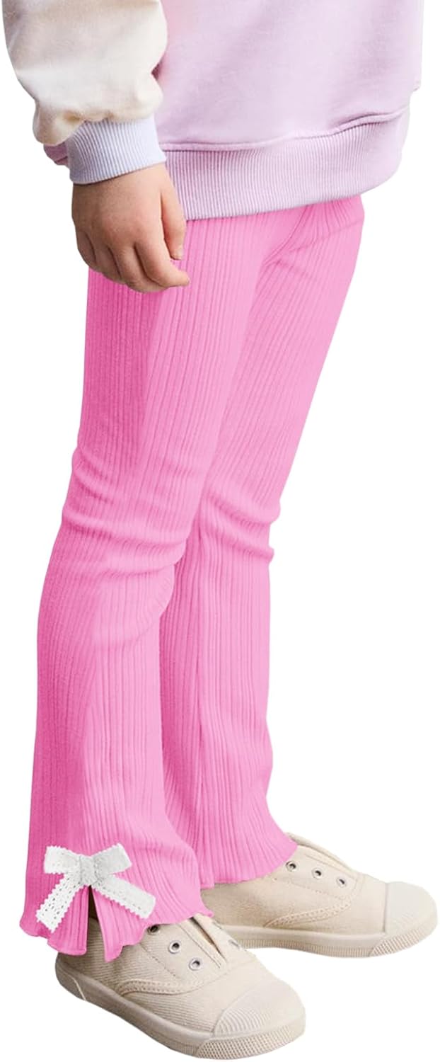 Haloumoning Toddler Baby Girl Flare Pants Kids Ribbed Elastic Waist Leggings Bowtie Bell Bottom 2-10T