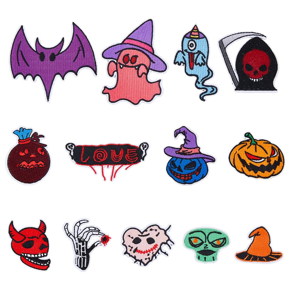 HOBBIESAY 13 Style Halloween Themed Embroidery Patches Ghost Pumpkin Pattern Iron on Patches Embroidered Cloth Repair Appliques Costume Accessories for DIY Clothing Craft Accessories