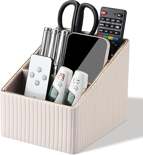 Miniatura 5 de KINGFOM Organizador de escritorio de piel sintética para bolígrafos y lápices de piel sintética con 6 ranuras, soporte para control remoto para