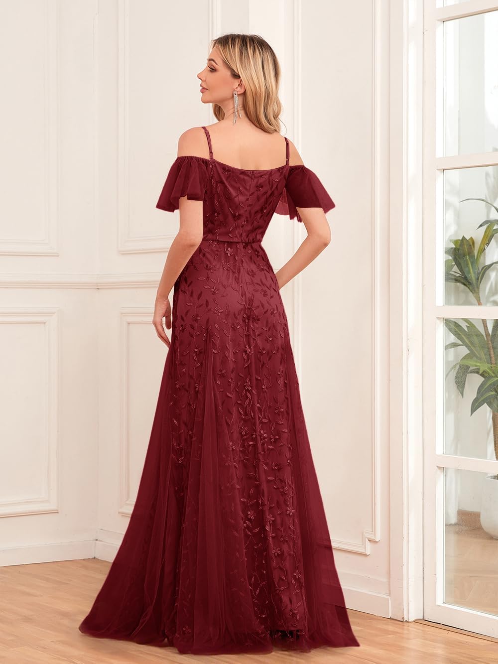 Women Long Formal Dress Evening Gowns Off Shoulder Short Sleeves Sequin Tulle Party Gown Wedding Guest Dresses Burgundy S - Image 3