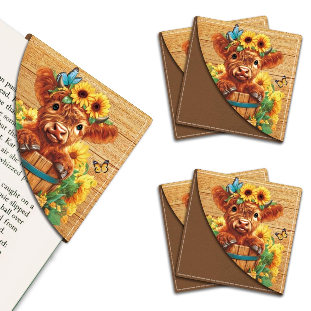 MAYJOYDIY 4Pcs Calf Sunflower Wreath Corner Bookmarks Butterfly Wooden Pail Book Page Markers 9×9cm Farm Animal Leather Book Accessories for Students Teachers Reading Lovers Cup Mat