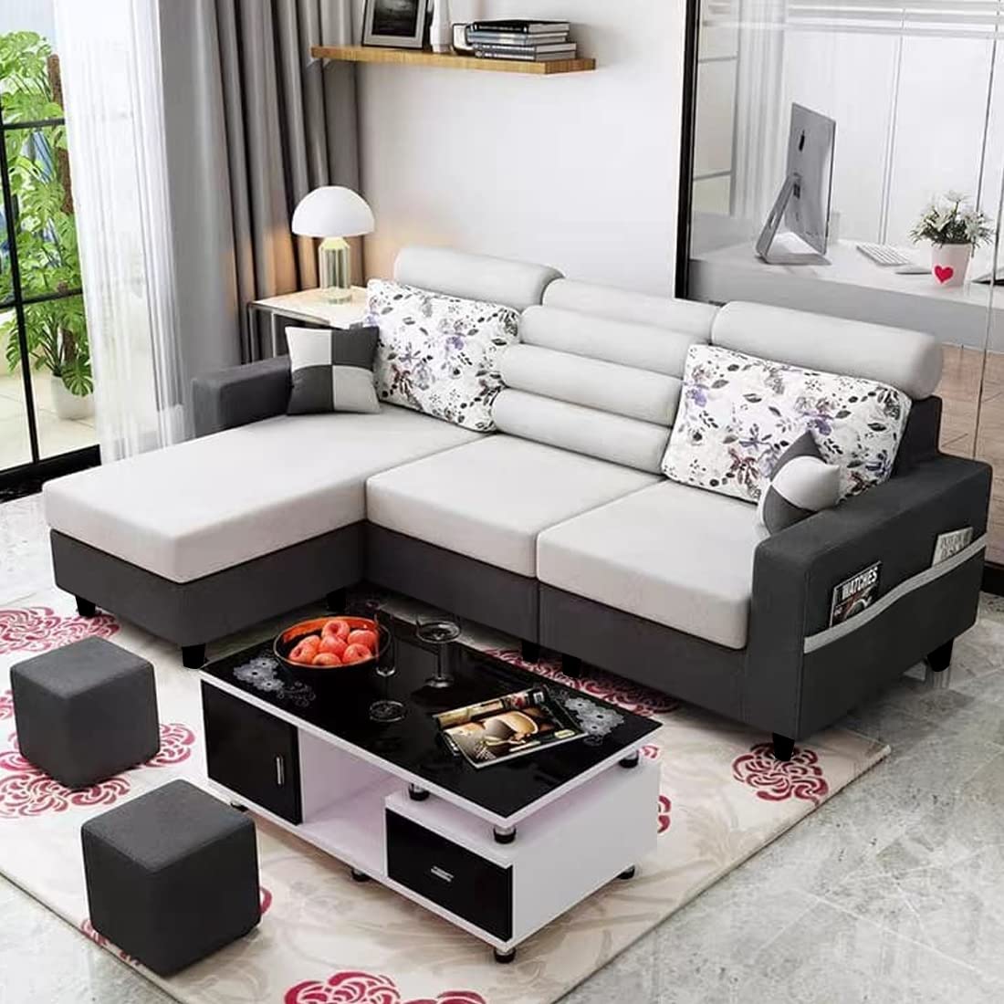 Casacomfort Meenold 4 Seater Fabric LHS L Shape Sofa Set with 2 Puffy (Light Grey-Black)