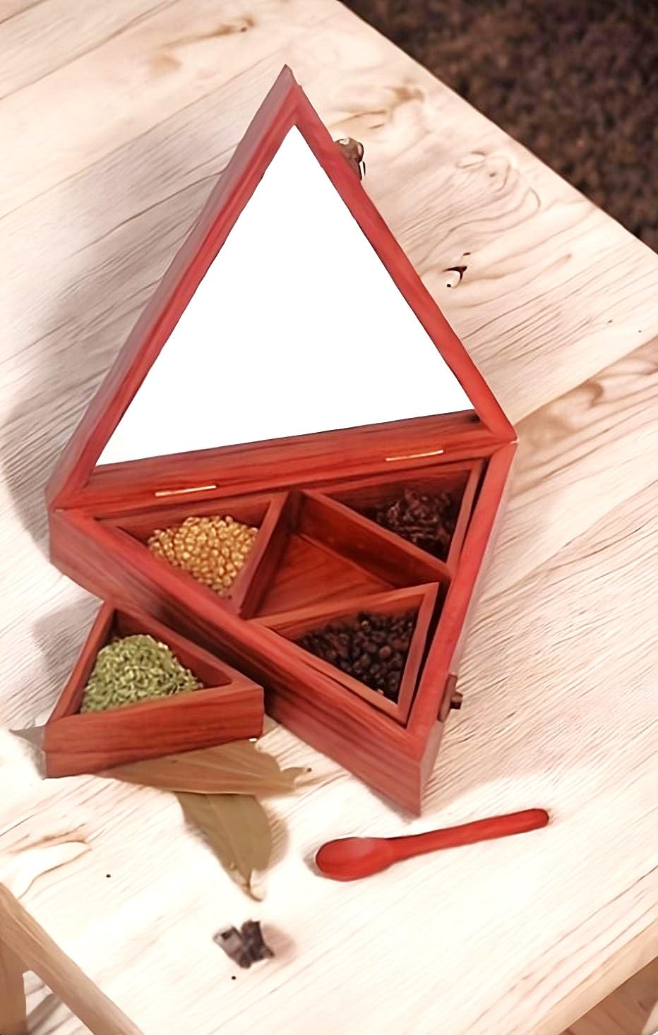 REMARKABLE Wooden Spice Box with Spoon - Indian Masala Dabba Organizer with 4 Glass Lid Containers - Handmade Decorative Storage Rack - Brown (B0CVV7TQHJ) Amazon Price History, Amazon Price Tracker