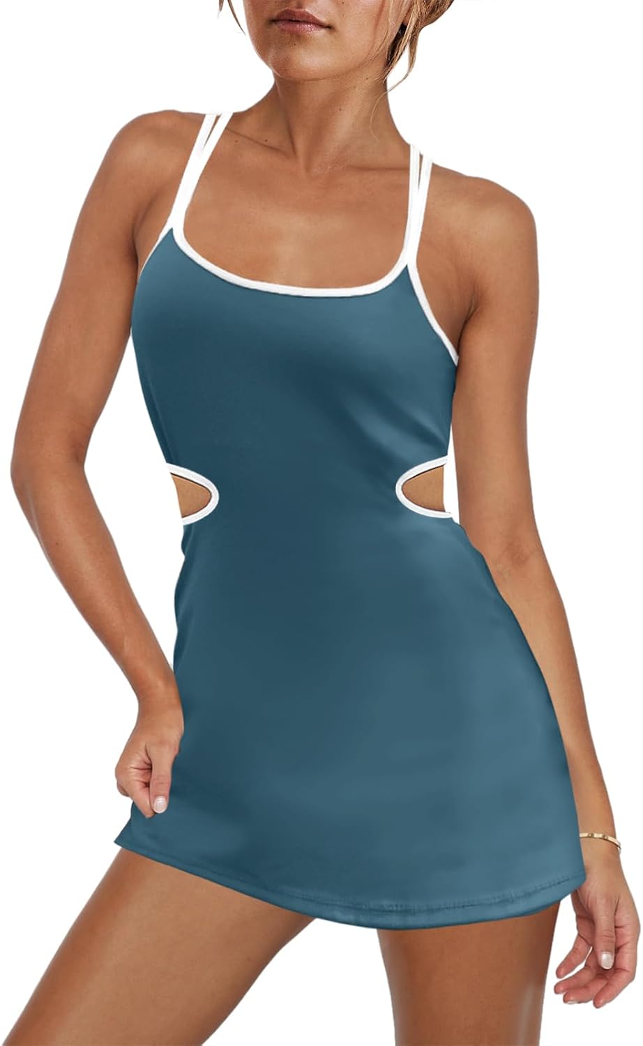 LAMISSCHE Womens Tennis Dress Built in Bra and Shorts Athletic Golf Mini Dress Backless Cut Out Onesie Romper Large Teal