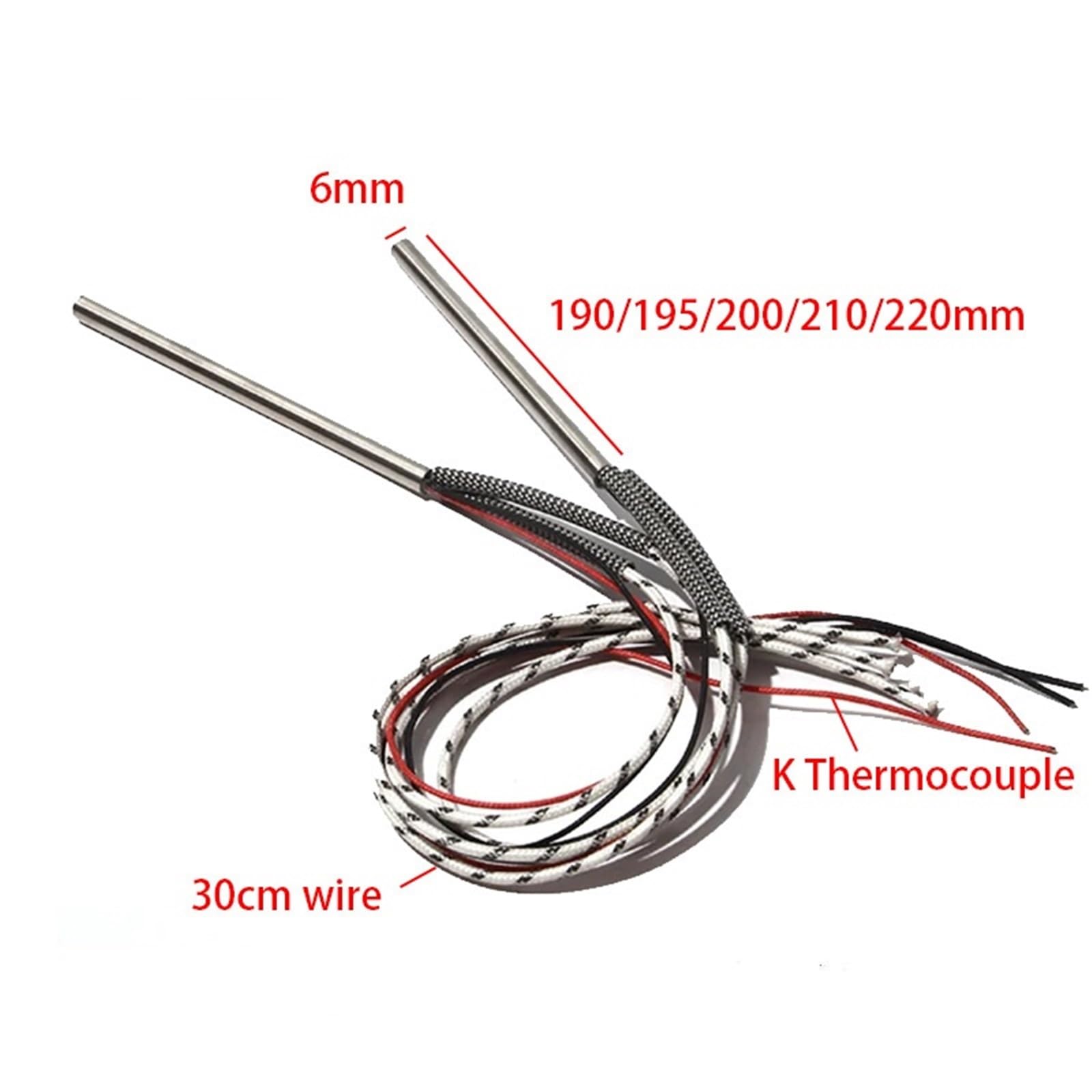 Elektrische Heizpatrone, 6 x 190/195/200/210/220 mm, Edelstahl-Formheizelement mit K-Thermoelement, 2 Stück(110V_6X220MM 410W)