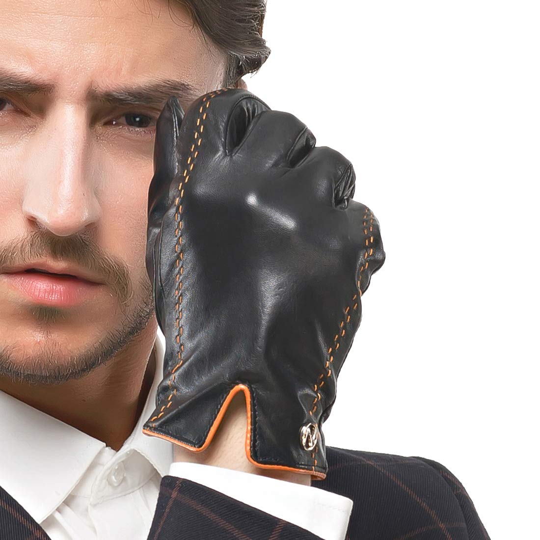 Nappaglo Men's Italian Nappa Leather Gloves Touchscreen Lambskin Warm Gloves with Lines of Hit Color (S (Palm Girth:up to 8