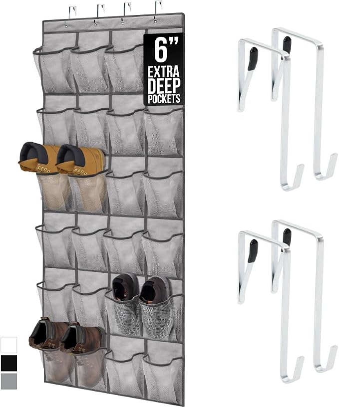 GORILLA GRIP Over the Door Shoe Organizer, 24 Extra Large Breathable Mesh Pockets, Space Saving Hanging Storage Holder, 4 Hook Closet Rack Hanger, Hangs on Closets for Shoes and Accessories, Gray