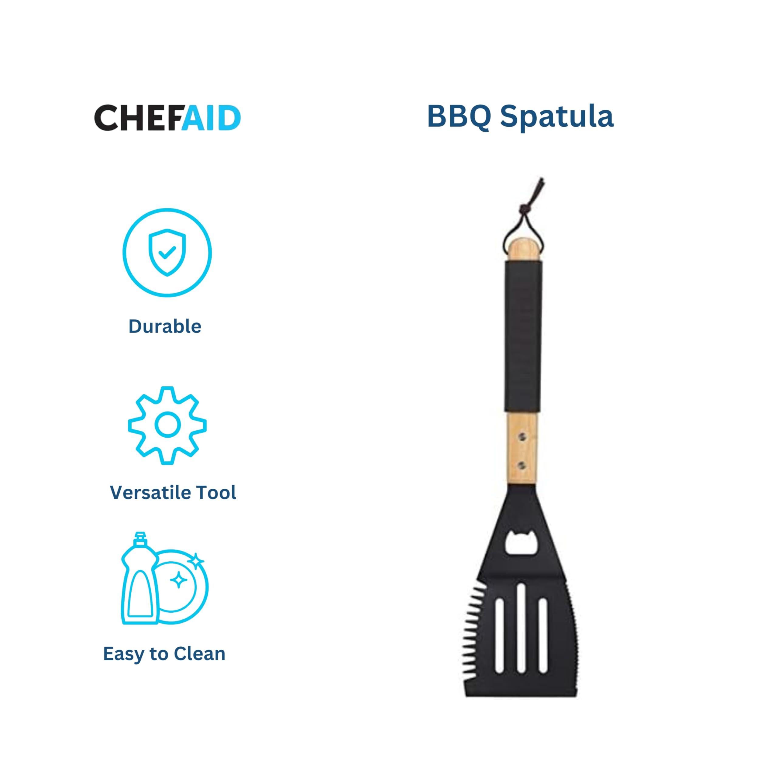 Chef Aid Espátula para barbacoa, borde dentado para cortar carne, mango de goma para voltear hamburguesas y filetes con facilidad. Fácil de limpiar, resistente al calor y duradera para llamas