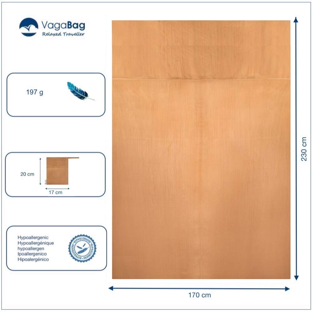 Saco Sábana de Dormir - 2 Personas - Sábana de Seda Ultraligera 197g - cómoda 170x230 cm y Suave: 100% Seda Natural - Compartimento para Almohada - para Acampada y Cualquier Viaje