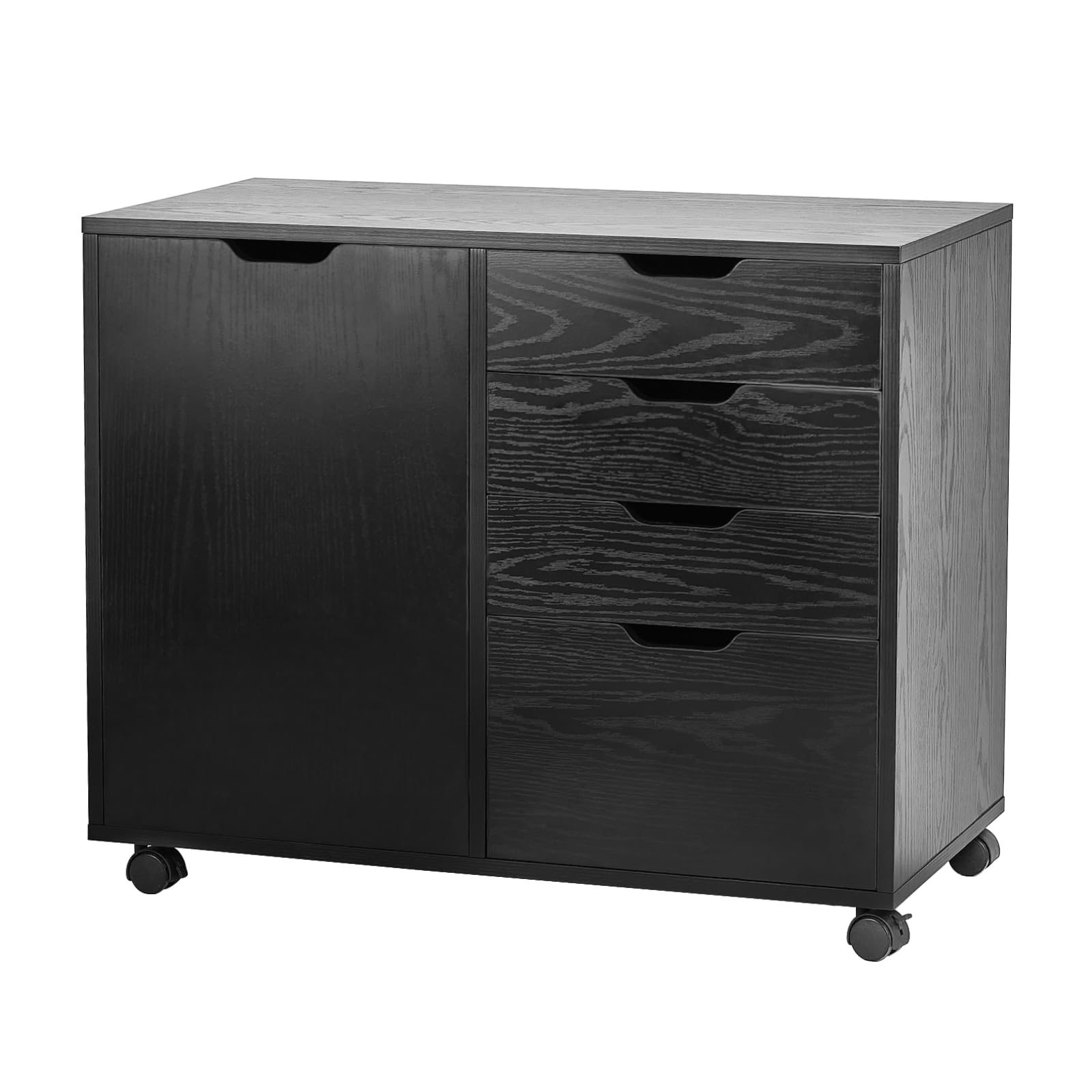 FAIRCRAFTBlack Dresser, 4-Drawer Dresser Chest with Door, Wood Storage Dresser Cabinet with Wheels, Mobile Storage Cabinet, Printer Stand with Storage Shelves for Home Office, Black
