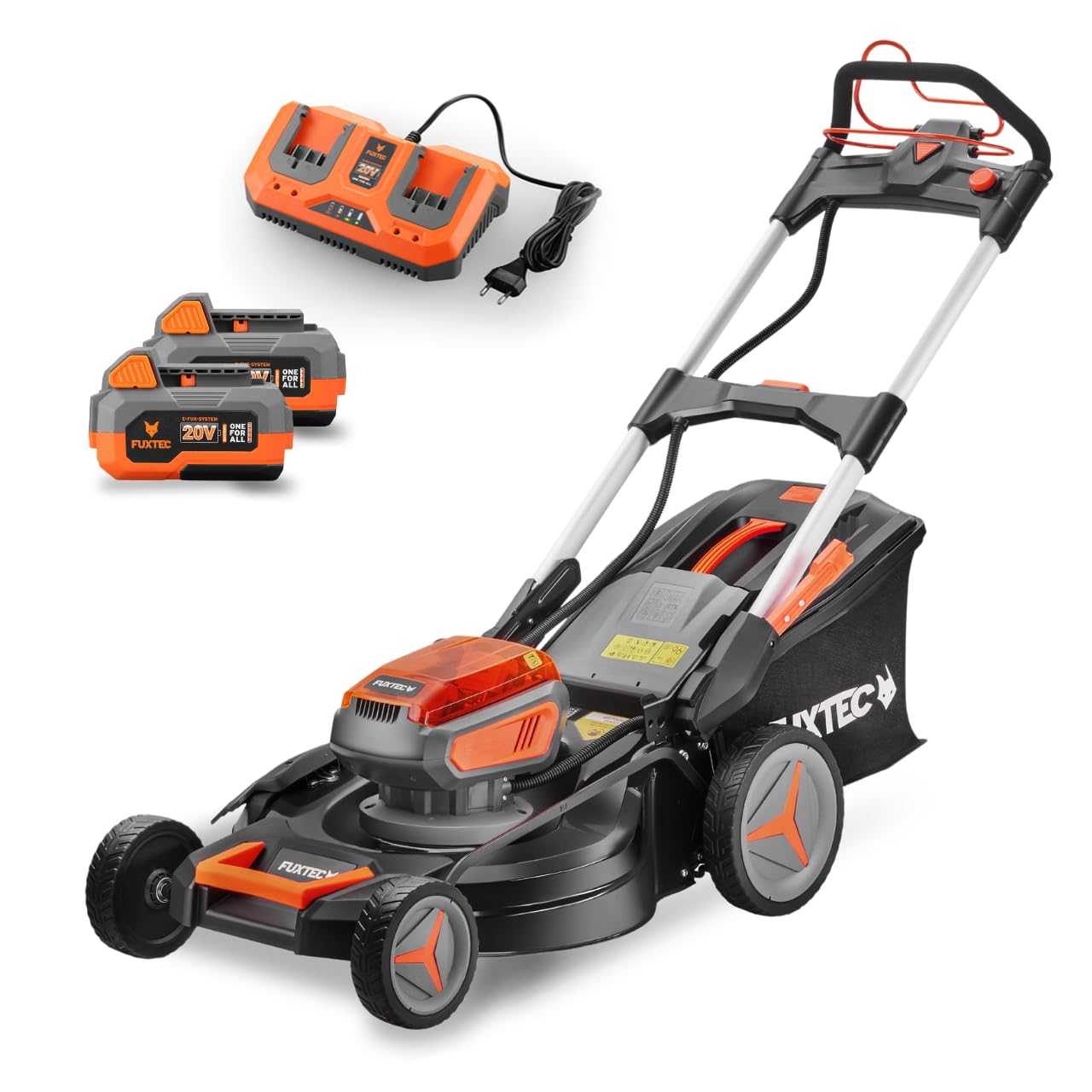 FUXTEC 4in1 Cortacésped a Batería 40V (2x20V) FX-E2RM51 - Incluye 2 Baterías Li-Ion 20V 4Ah y Cargador Doble - Corte 51 cm, Altura 30-90 mm, Recogedor 50L, Función Mulching y Expulsión Lateral