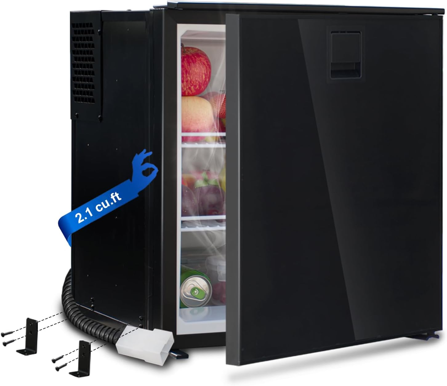 RV Refrigerator 12V, RV Fridge 2.1 Cu.Ft, 12V/ 24V Camper Refrigerators Semi Truck Fridges Compact for Travel, Motorhome and Campervan, Reversible Door, LED, Adjustable Thermostat, Black