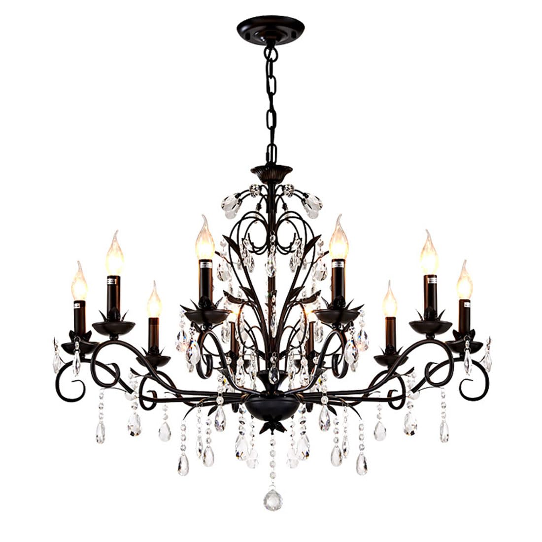 KXEcoLife E14 American crystal chandelier, LED creative iron candle Nordic living room lamp, bedroom restaurant lamp,10 heads