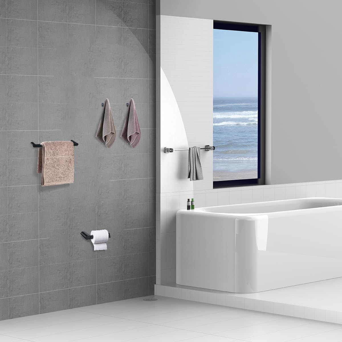 SW96026S-4MB - Juego de accesorios de baño de 3 piezas, soporte de pared negro mate, incluye soporte para papel higiénico, gancho para toallas de baño, toallero, SW96026S-4MB.