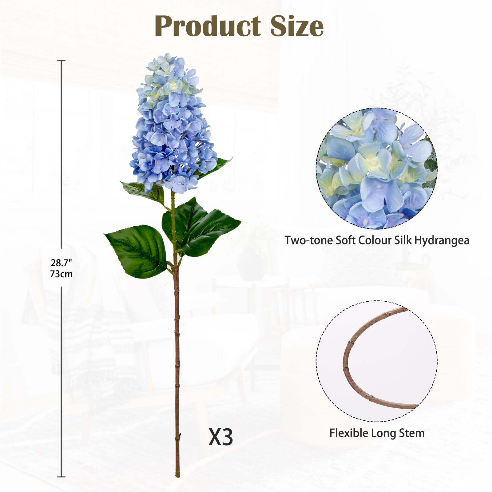 Briful 3PCS Fake Flowers Hydrangea Light Blue Artificial Flowers 28.7" Tall Artificial Hydrangea Flowers - Image 2