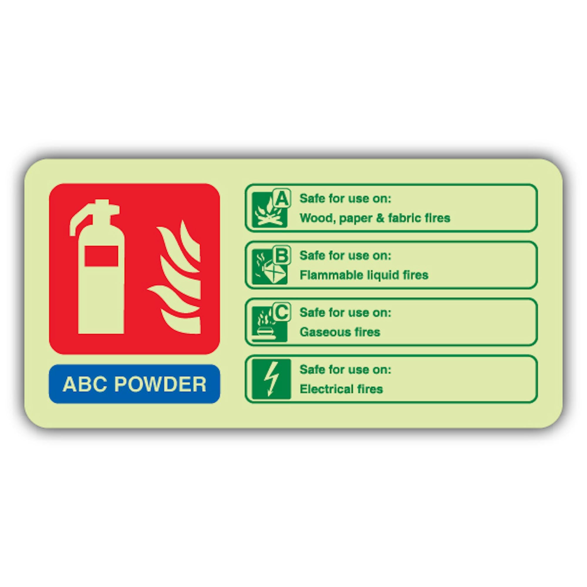 V Safety Glow In The Dark ABC Powder Fire Extinguisher Sign - Landscape Format - 180 x 90 mm - Made From Double Glow Rigid Plastic - Fire Safety Signage - Made in Britain