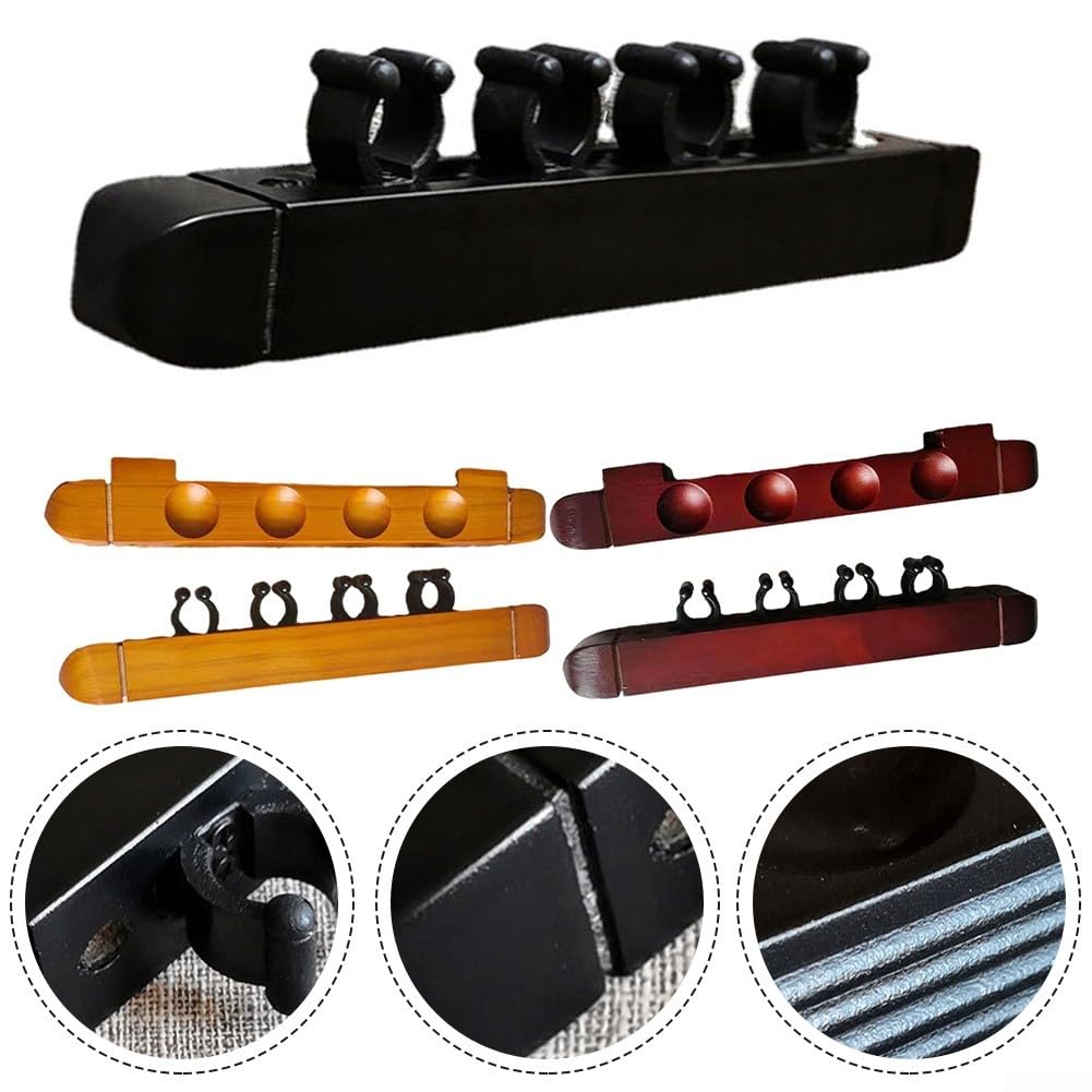Soporte de pared para tacos, soporte de madera para billar de 4 ranuras para billar, organizador de almacenamiento que ahorra espacio para sala de juegos, bar, club, negro, rojo, amarillo (rojo) — view 2