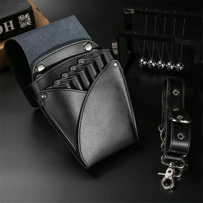 Borsa per parrucchieri per attrezzature Borsa for forbici da parrucchiere in pelle bovina con 5 tasche, borsa da barbiere, marsupio, forbici for toelettatura animali, borsa da barbiere professionale