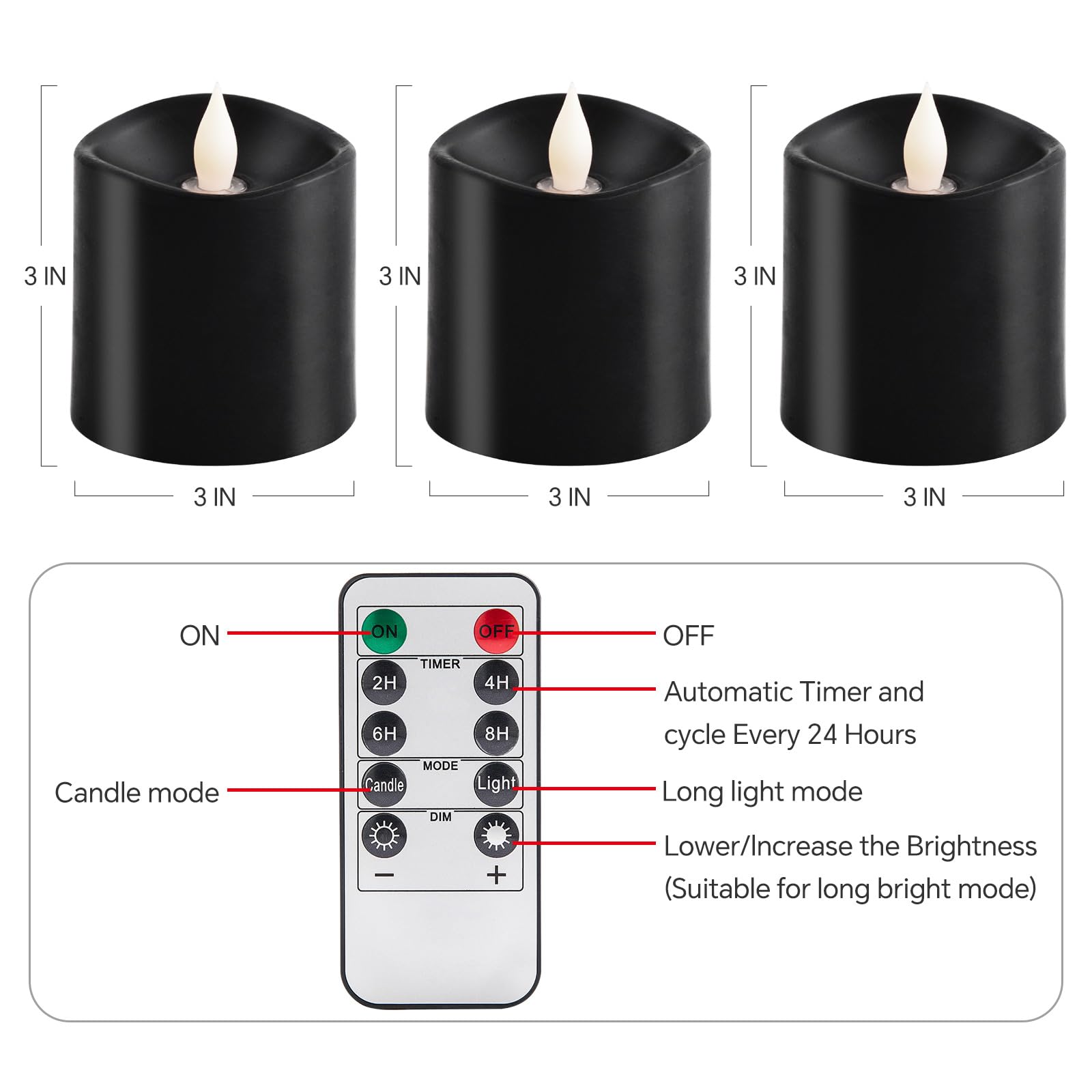 Set di 3 candele tremolanti senza fiamma 3 x 3, candele a LED in vera cera con candele tremolanti, con timer, candele senza fiamma da 7,6 cm con telecomando, candele alimentate a batteria, per