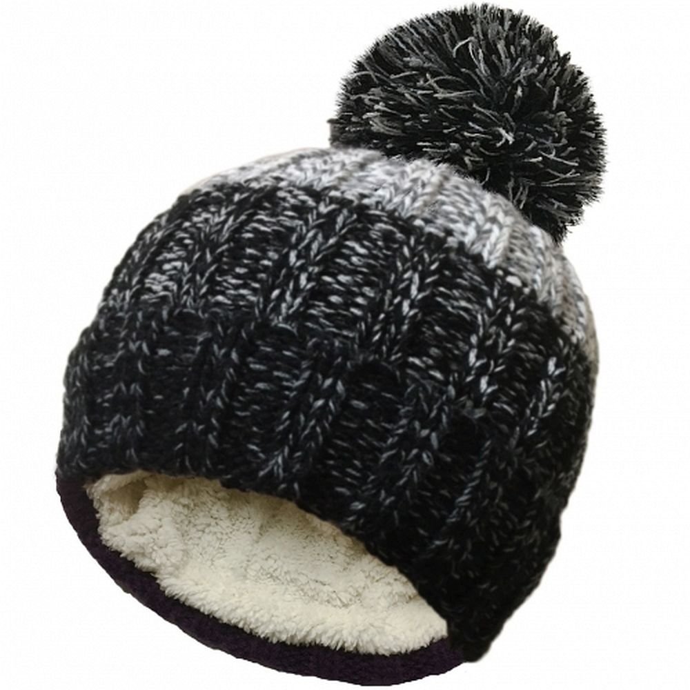 RockJock Unisex Cable Knitted Stripe Ski Hats with Large Pom Pom (Black/Grey)