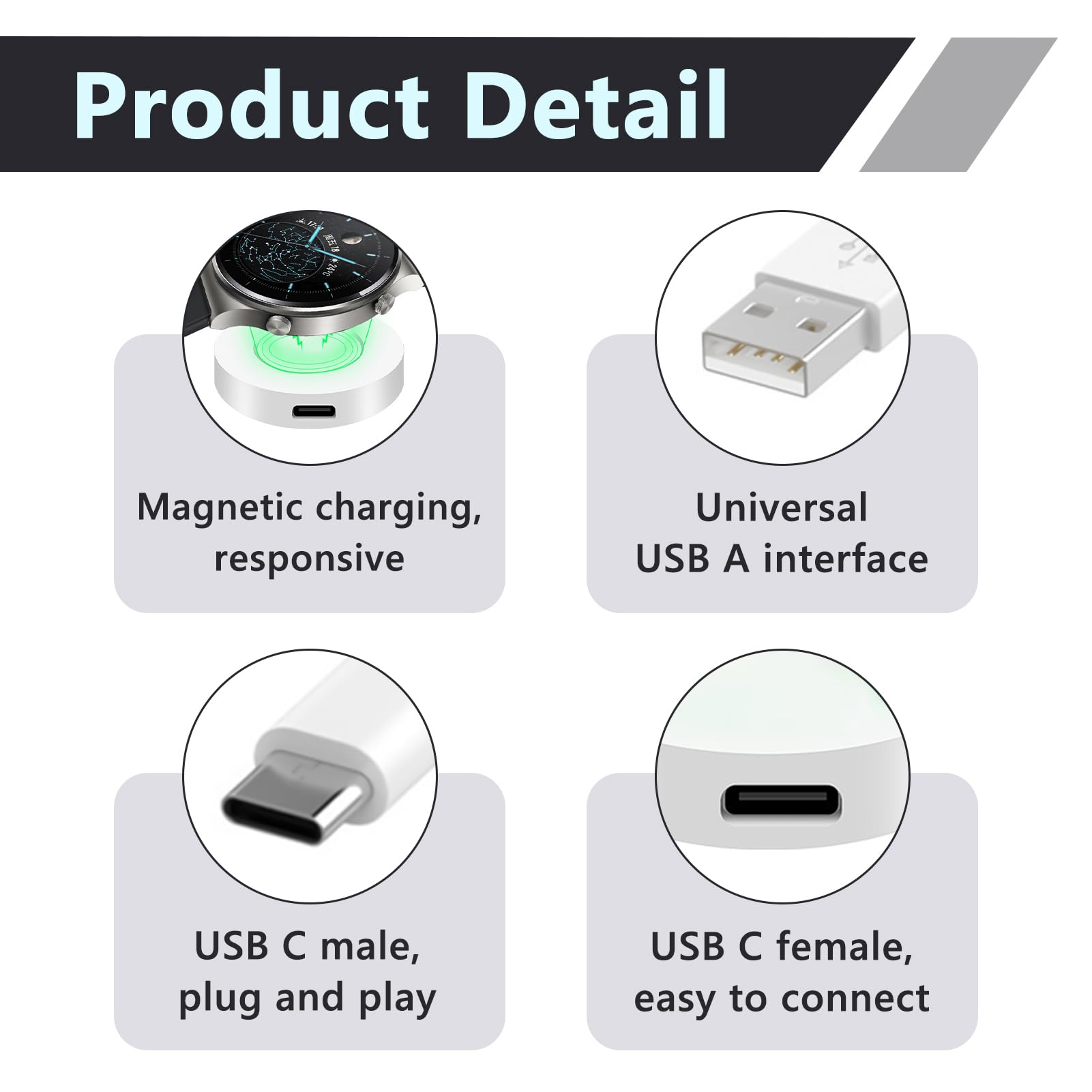 Magnetyczna ładowarka kompatybilna z Huawei Watch GT 5/5 Pro/GT 4/3/3 Pro/3 SE/2/Watch 4/3/Ultimate, przenośny adapter do ładowania z kablem USB 1 M, szybkie i bezpieczne ładowanie, biała