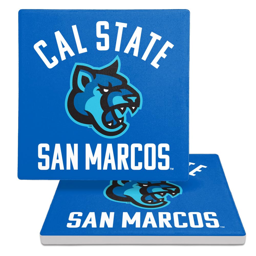 California State University San Marcos Cougars Logo Square Ceramic Coasters, Set of 2, 3.9", Cork Base