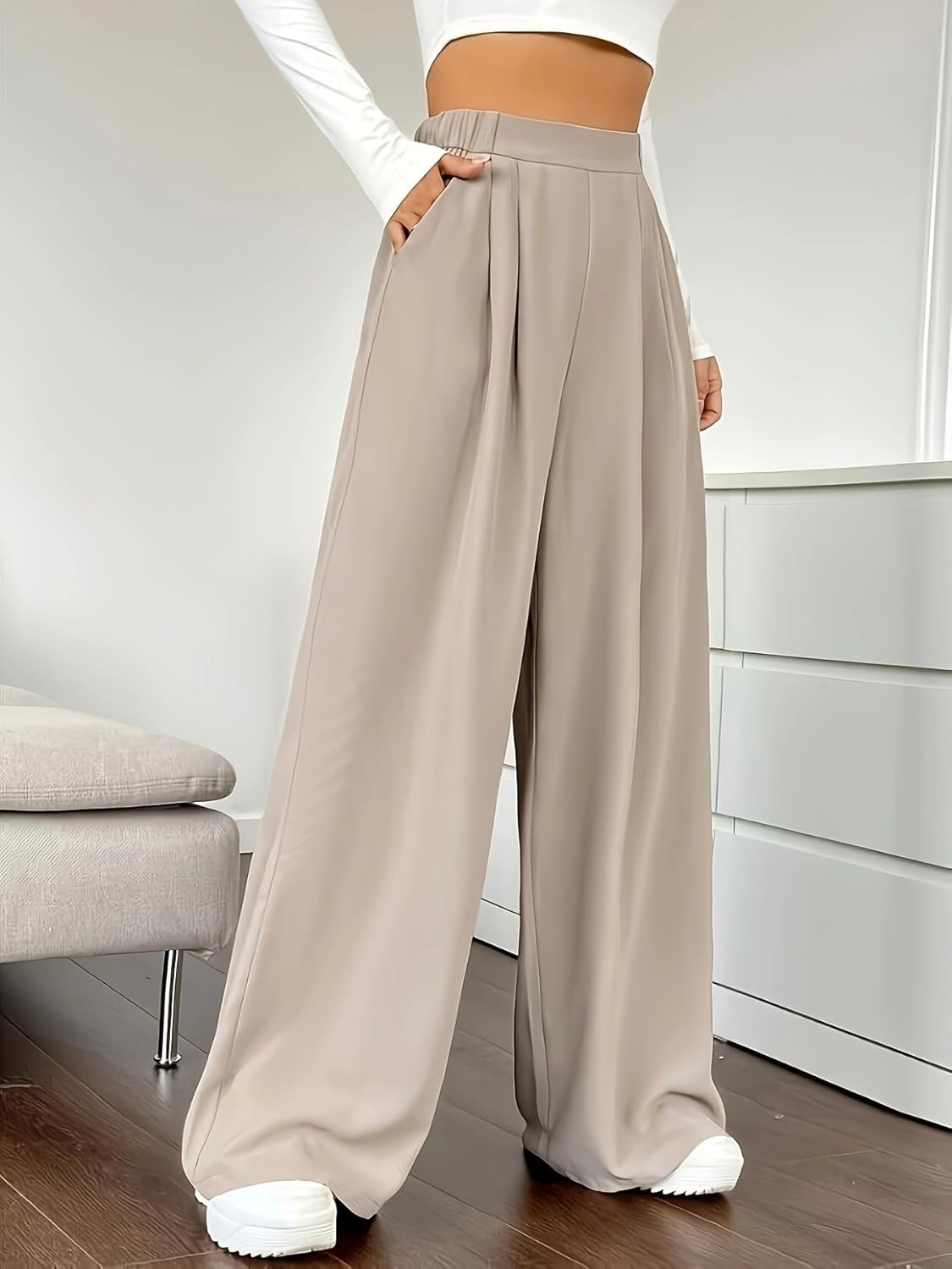 Women's High Waist Pleated Wide Leg Palazzo Pants Casual Loose Flowy Suit Trousers with Pockets Work Office Streetwear - Image 8