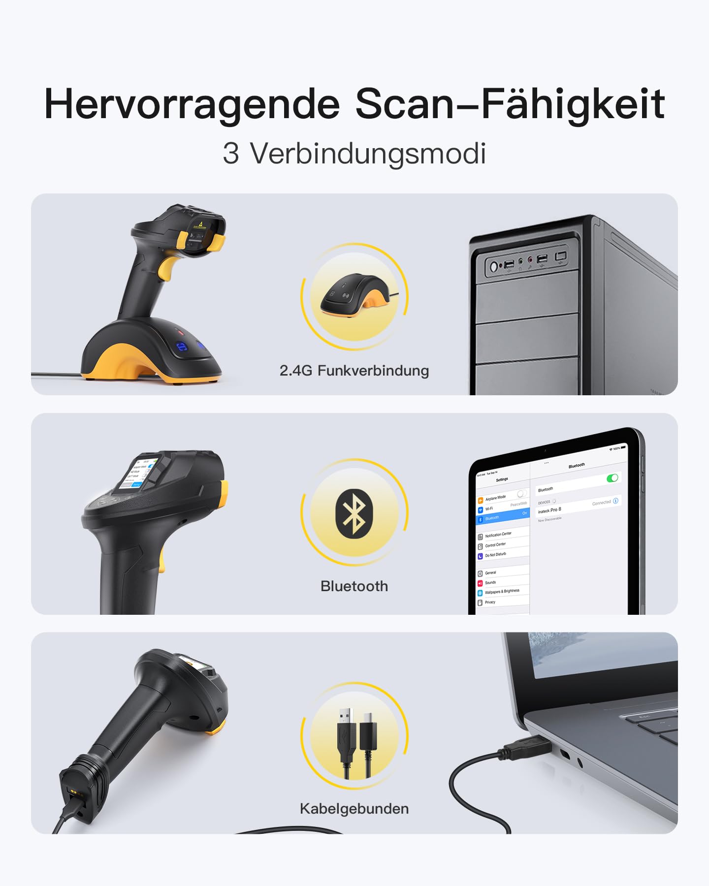 Inateck Barcode Scanner Bluetooth, 2D 1D Wireless Handheld Scanner, QR Code Scanner, mit Screen und Smart Base, CMOS CCD Dual Module, Größere Reichweite, Unterstützt App SDK, P8 SE