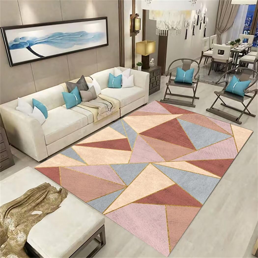 Tapis de chambre bébé lavable 70x140cm rose et bleu géométrique