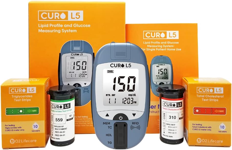 Quick Home Blood Total Cholesterol and Triglycerides Test Kit - CURO L5 Digital Meter - Easy Use, Accurate Results, Comprehensive Health Tracking, Portable Design, and All-Inclusive Kit