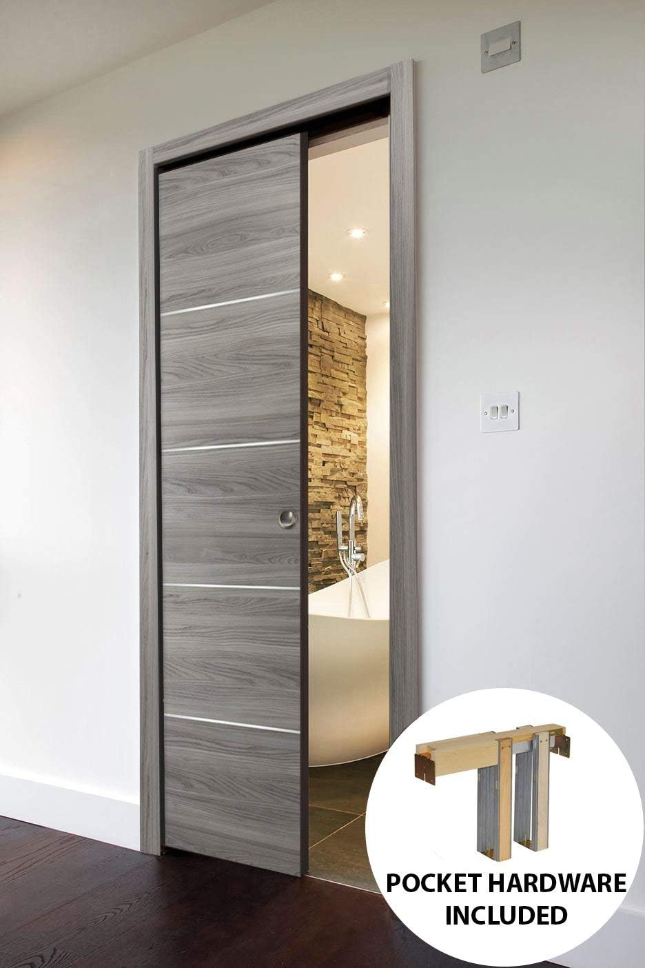 SARTODOORS - Pocket Sliding Grey Door 30 x 96 with Frame | Planum 0020 Ginger Ash | Frames Trims Pulls Hardware | Closet Solid Core Door