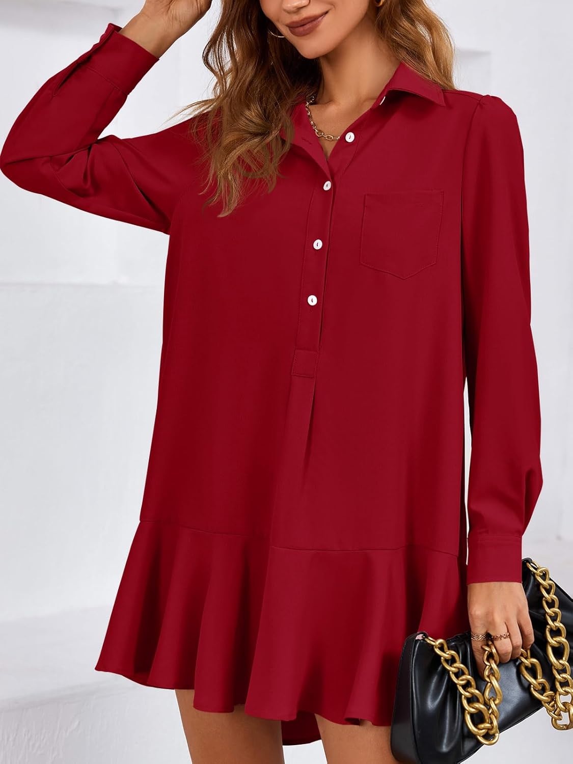 Fisoew Womens Casual Button Down Shirt Dress Long Sleeve Collared Pleated Swing Mini Dresses - Image 3