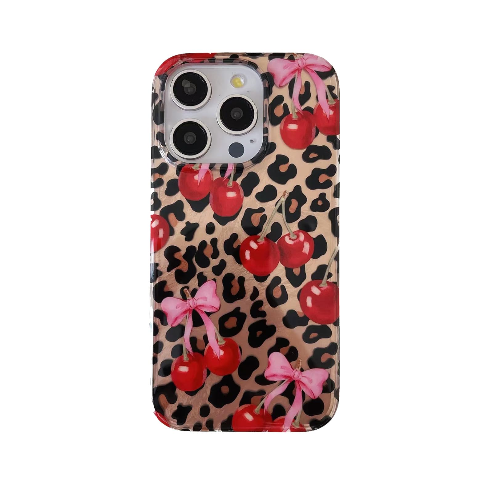 Cheetah Print Cherry Phone Case for iPhone 14 Pro(Not Max)Cute Pink Bow Aesthetic Leopard Print Women Girls Case Soft TPU Shockproof Protective Phone