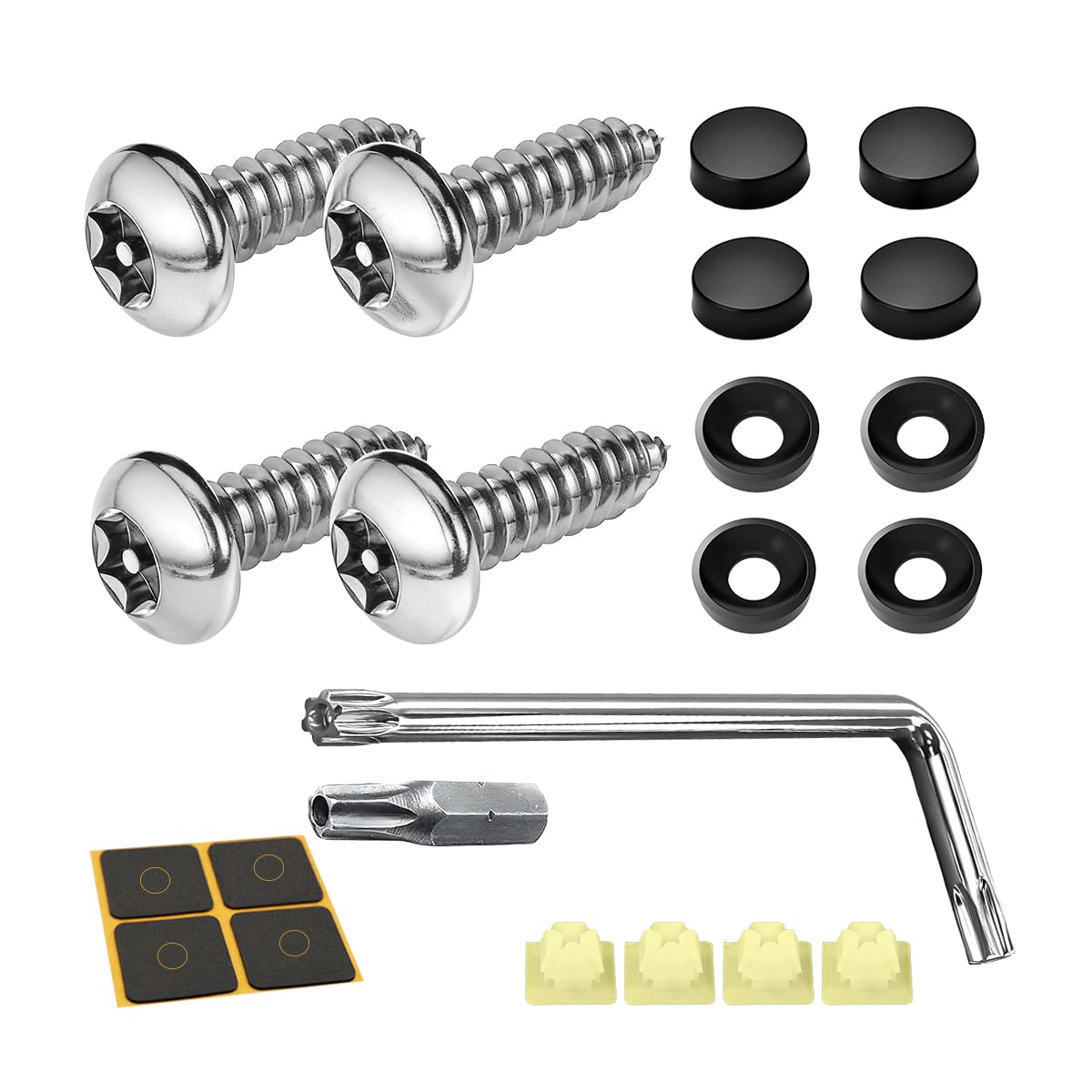 Car License Plate Screws Kits, 4 Set M6 Vehicle Front Rear License Plate Mount Kit for Securing, Automotive Tag Plate Mounting Hardware, Universal Fit (Silver Screws Black Cap)