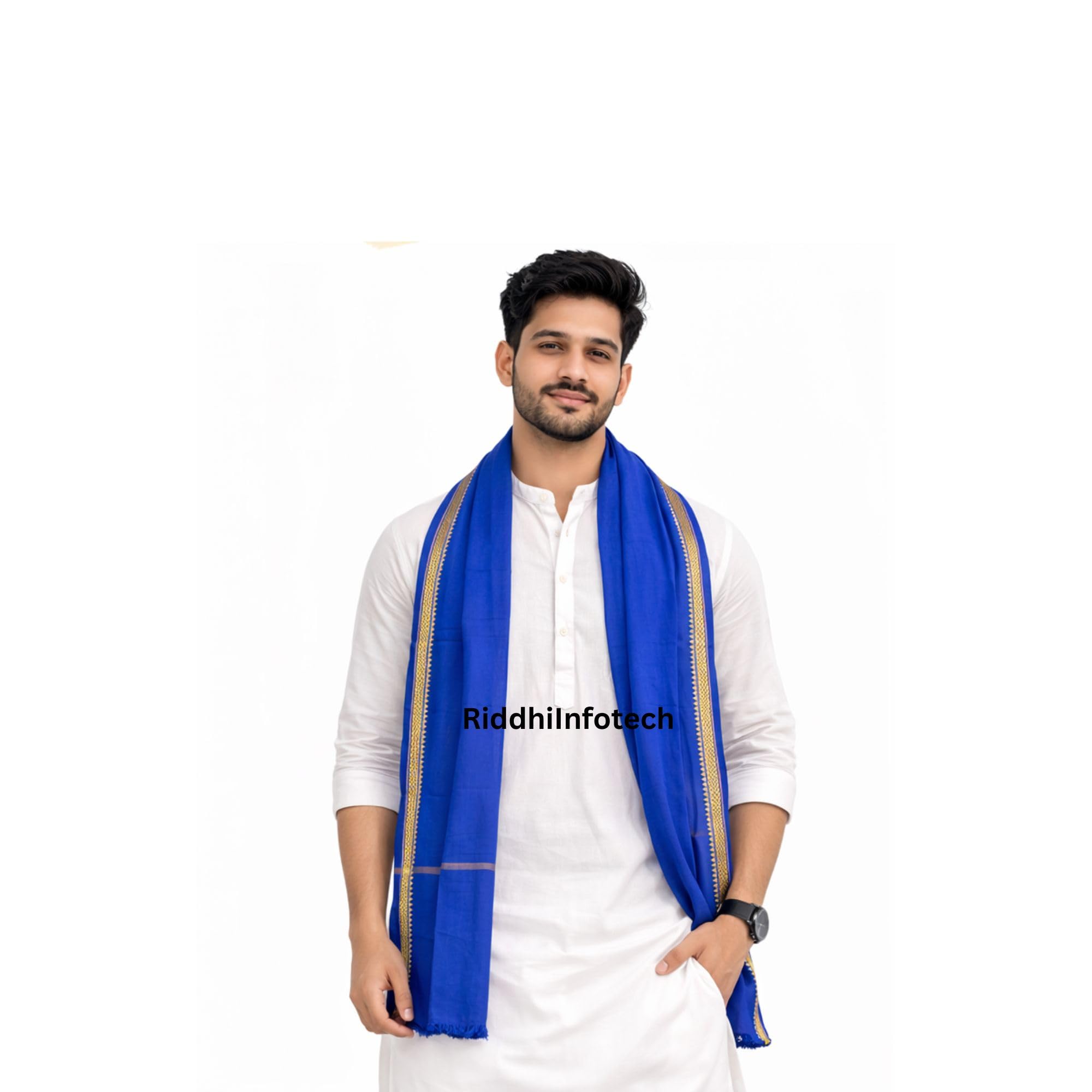 RiddhiInfotech Traditional Blue Cotton Gamchha for Men | Religious Pooja Angavastram Stole for Havan, Rituals & Dhoti Kurta Wear | Soft Absorbent Indian Cotton Gamcha Towel | 1 Pc-image-30