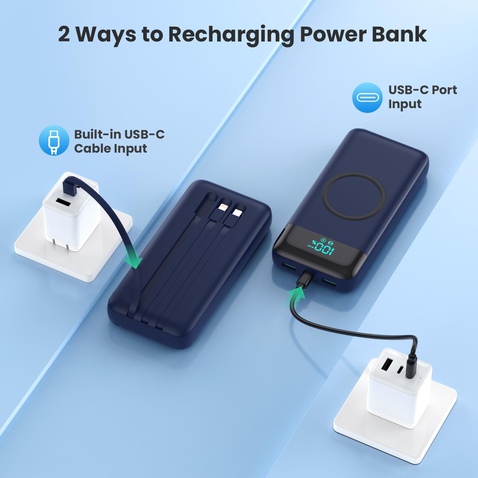Ekrist Power Bank Wireless 26800mAh con 3 Cavi, 7 in 1 Caricatore Portatile Wireless Ricarica Rapida 25W PD3.0+QC4.0, Display LCD Batterie Esterna 6 Uscite Compatibile con iPhone Huawei Samsung ecc.