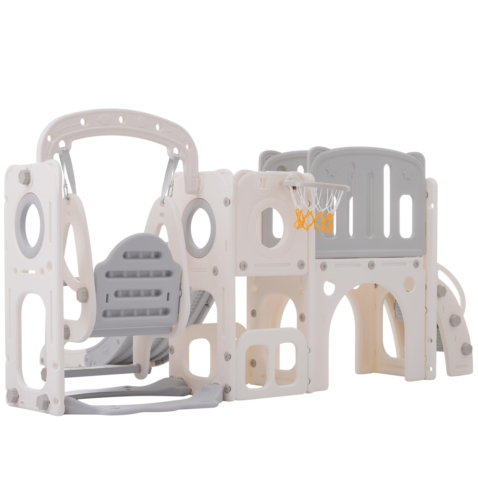 Rutsche und Schaukel für Kinder, 7-in-1Kinder Spielplatz mit Rutsche, Schaukel, Basketballkorb, Klettern,Treppe, Bohrspiel und Stauraum - Rutsche Set für Kindergeschenk