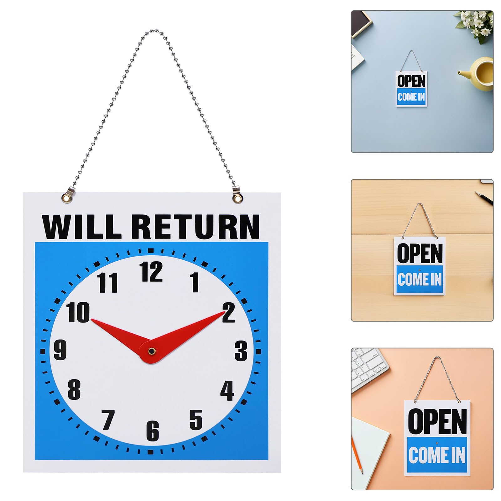 VALICLUD Panneau D’horaires D’ouverture pour Magasin avec Horloge Réglable, Lot de 4 Plaques Carrées Blanches, Affichage « Retour Bientôt » pour Commerces, Restaurants et Bureaux