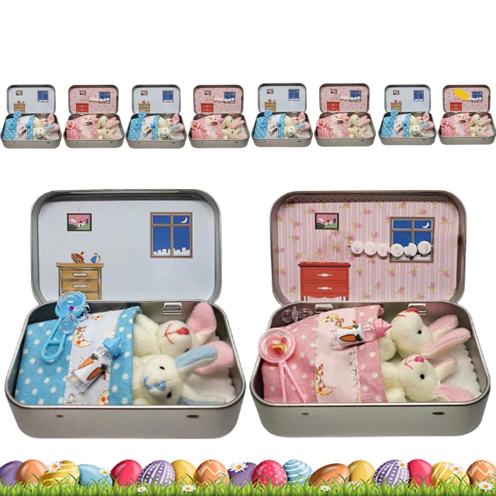 10 Pack Easter Bunny in Tin Box, Bunny Stuffing Doll Toy