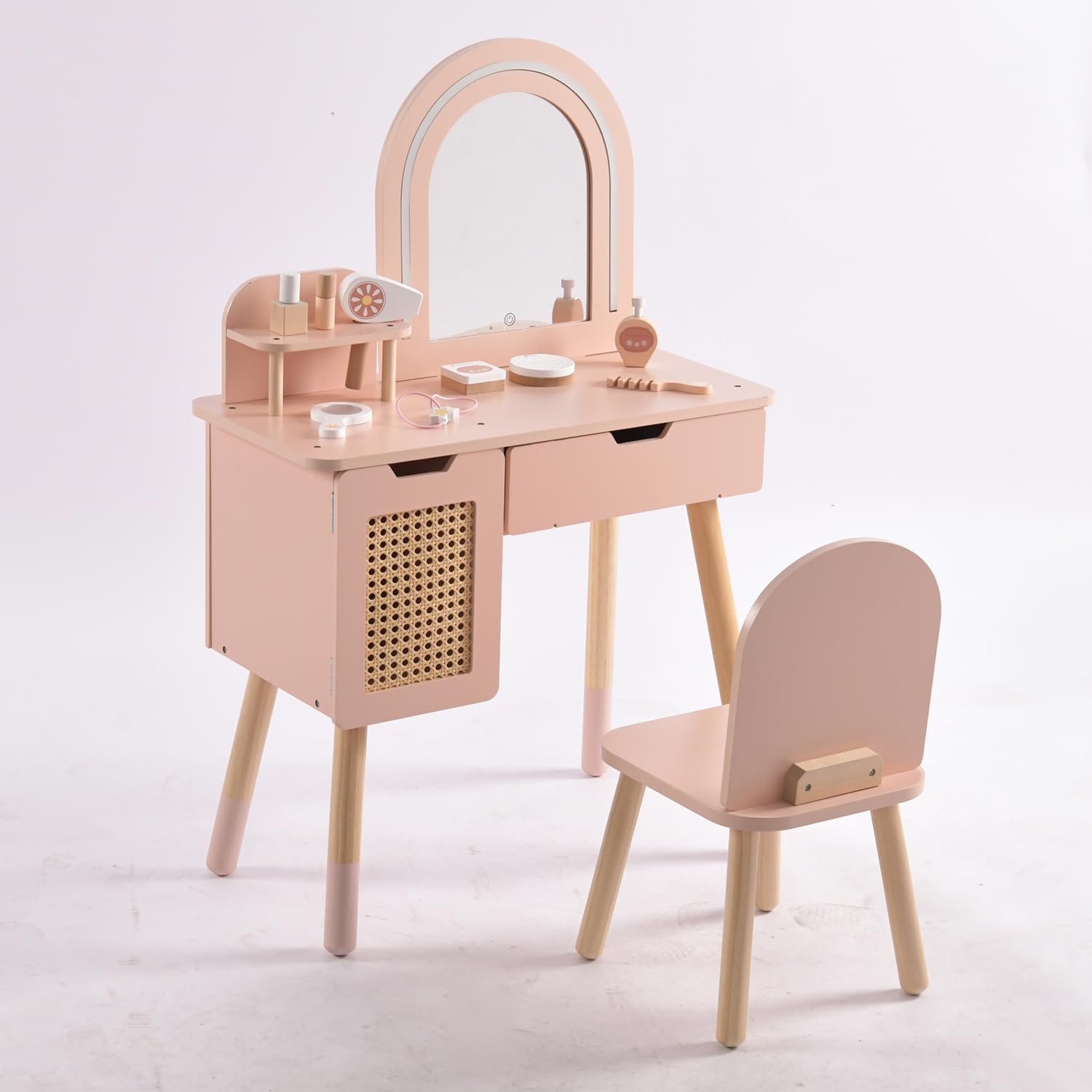Kids Vanity Set with Lighted Mirror & Pretend Play Accessories, Pink Toddler Makeup Table and Chair Set with Storage Drawer, Princess Dressing Table for Little Girls Ages 3+
