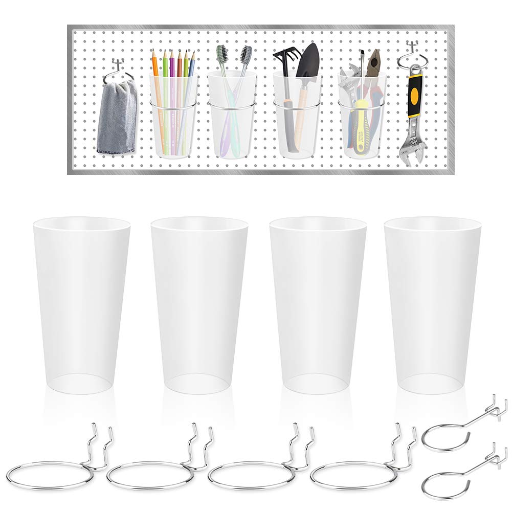 Pegboard Hooks, Pegboard Cups Holder, 6 Pack Pegboard Bins with Rings Pegboard Containers Organizer with Storage Bins Kit, 2 Kinds of Hooks for Craft Tool Workbench Supplies Storage (Transparent)